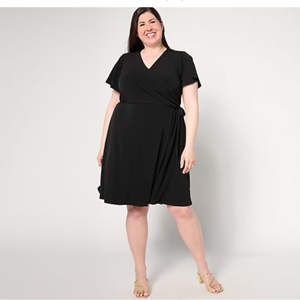 Susan Graver Liquid Knit Faux Wrap Dress Black  Large Tall  Flutter sleeve